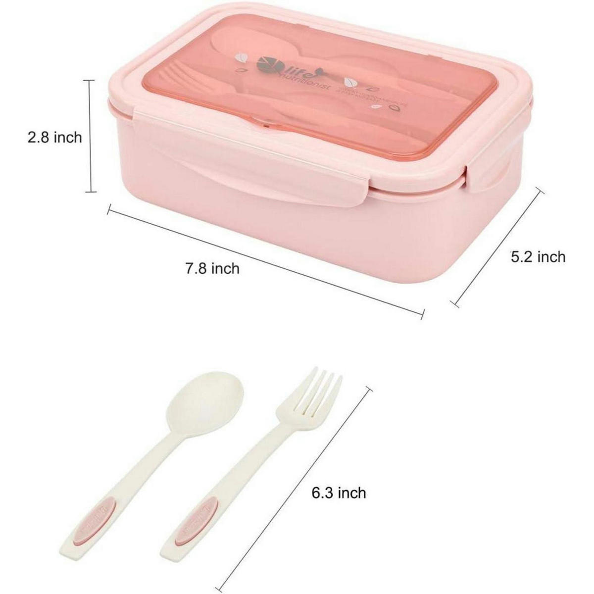 BENTO Box mit 3 Fächern und Besteck, Auslaufsicher, Mikrowellengeeignet, Pink - Rosa, Kunststoff (14/6.5/21cm)
