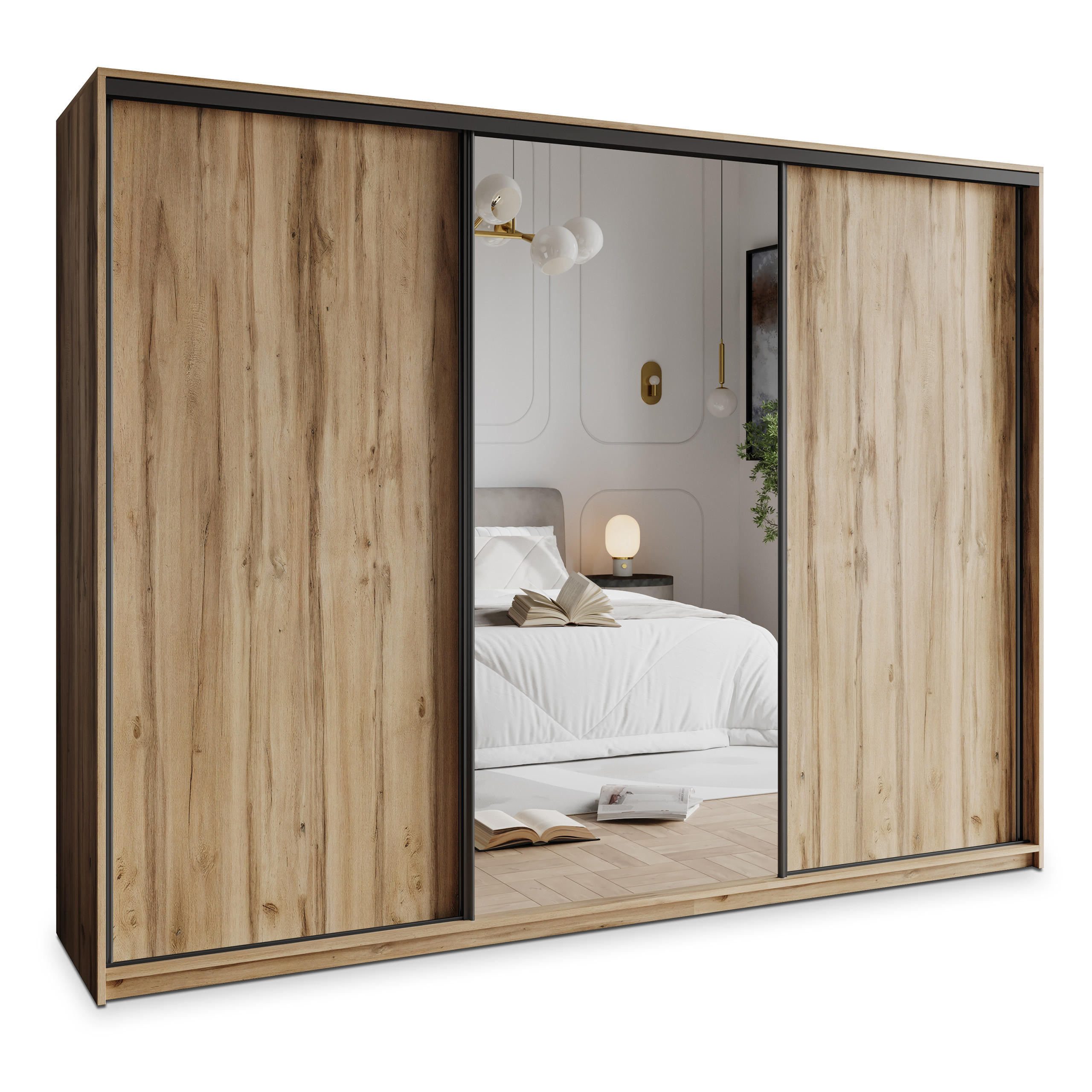 SCHWEBETÜRENSCHRANK TAVI 250/205/60 cm 3-türig mit Spiegel und Schubladen Eiche Wotan - Eiche Wotan/Schwarz, Holzwerkstoff (250/205/60cm) - MASSENO