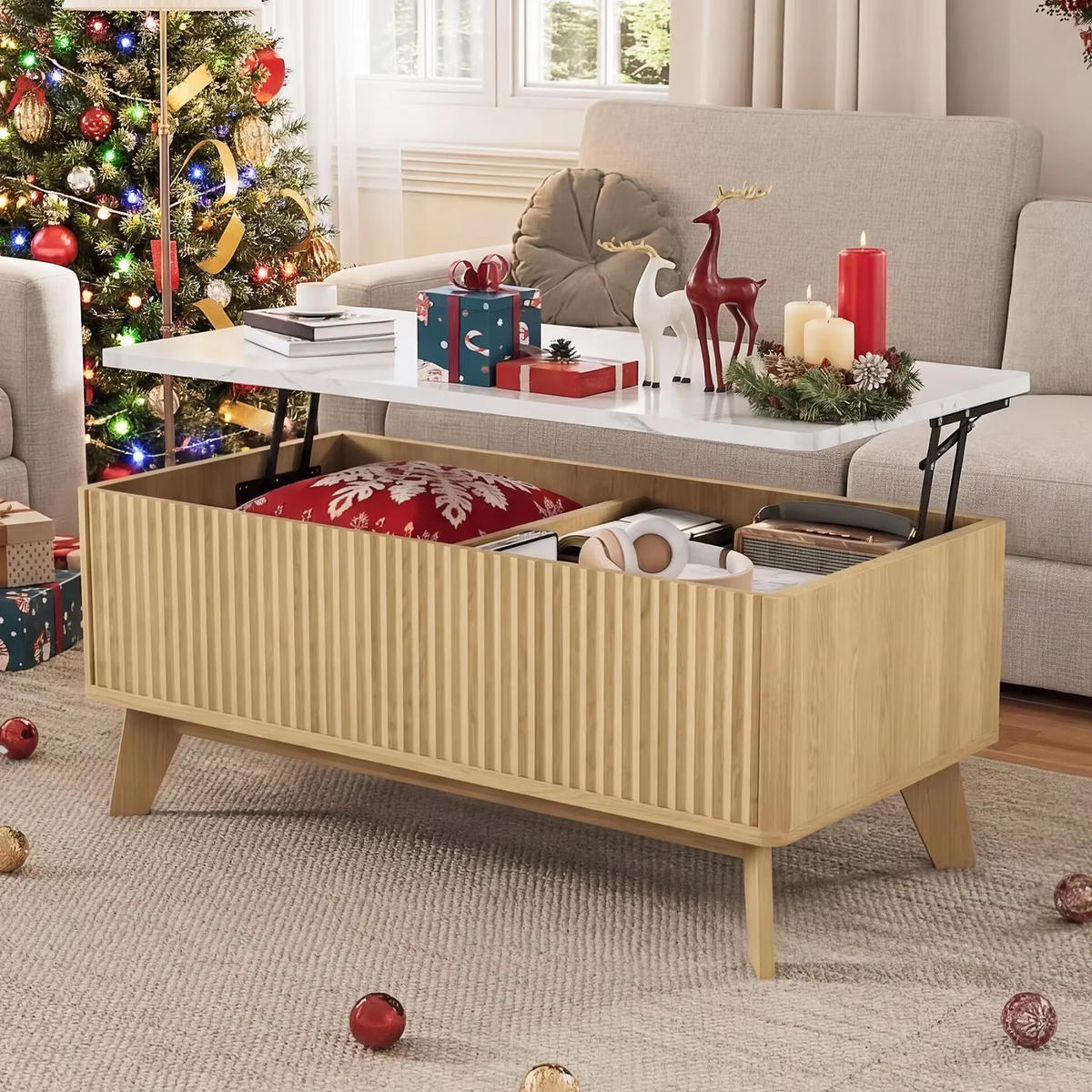 COUCHTISCH 105x42x53 Lift-Top Marmoroptik Eiche Stauraum - Eichefarben, Holz (105/53/42cm) - Kaket