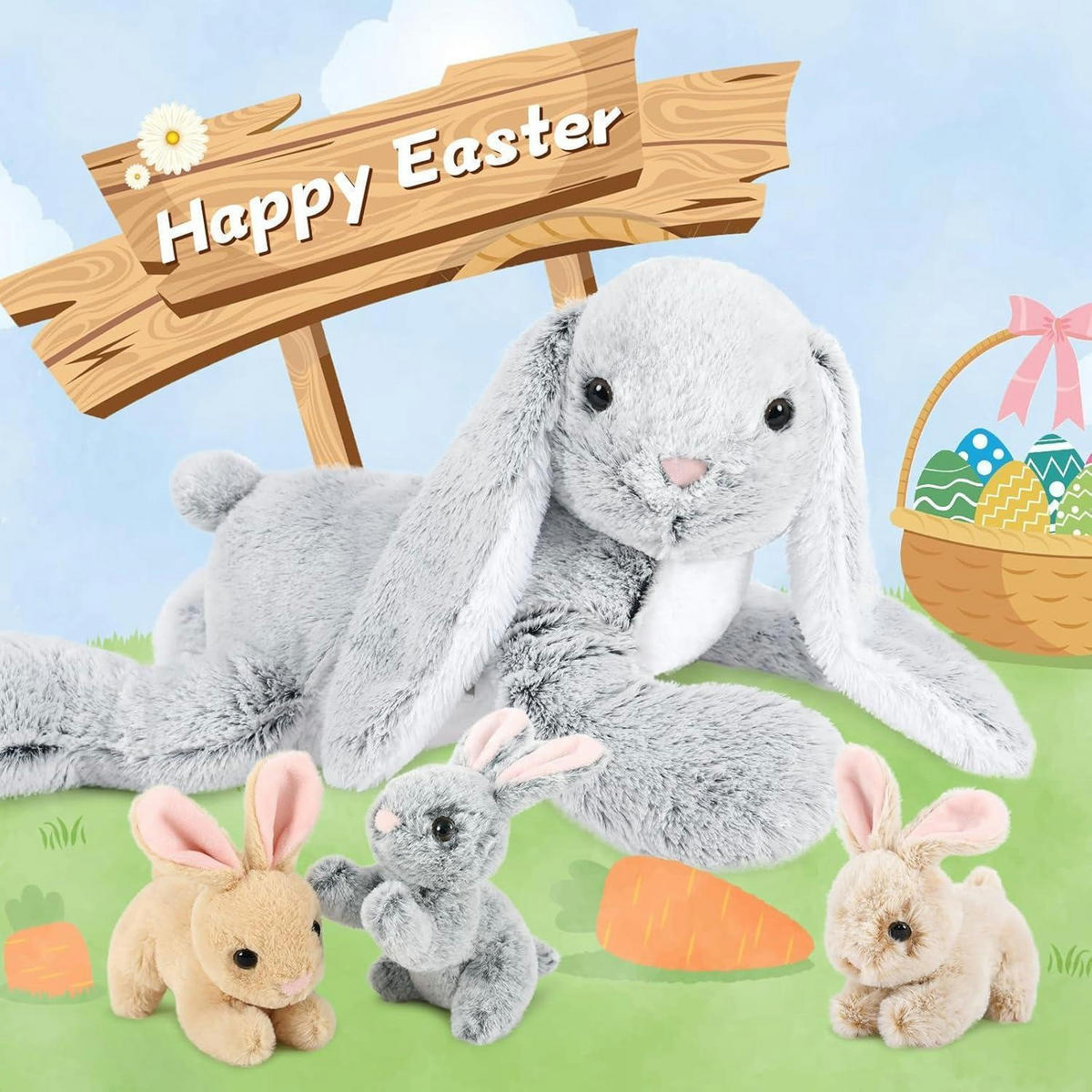 PLÜSCHTIER Hase mit 3 Babys 63 cm Grau - Multicolor, Textil (40/60cm)