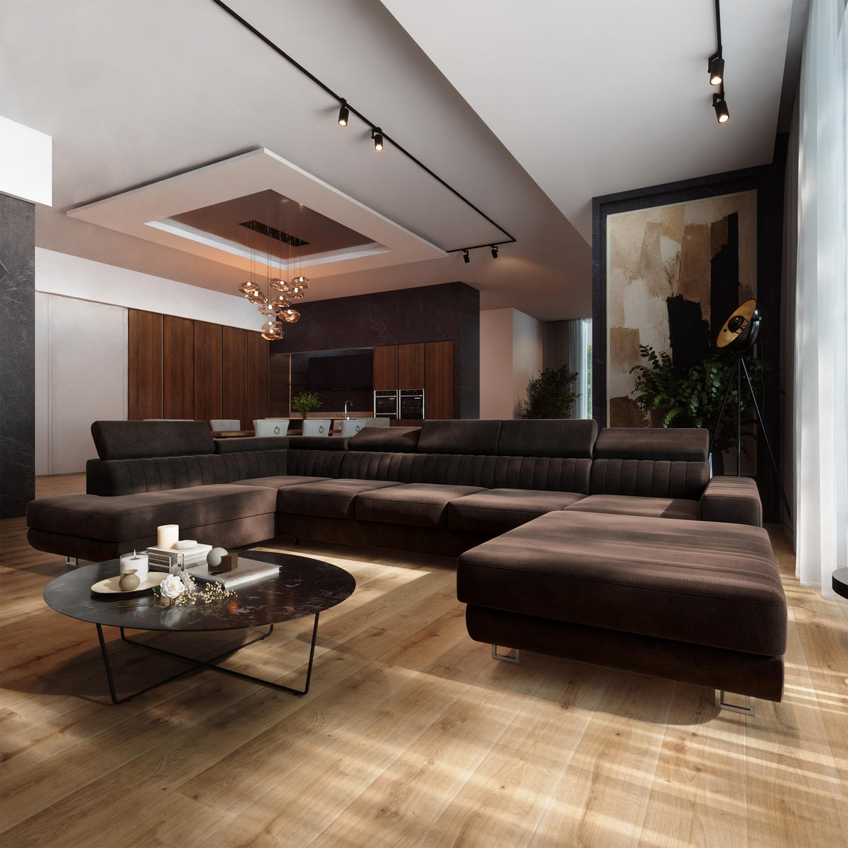 WOHNLANDSCHAFT GAIAN Braun Velours-Stoff mit Schlaffunktion - Braun, Holz (412/88/190cm) - MASSENO