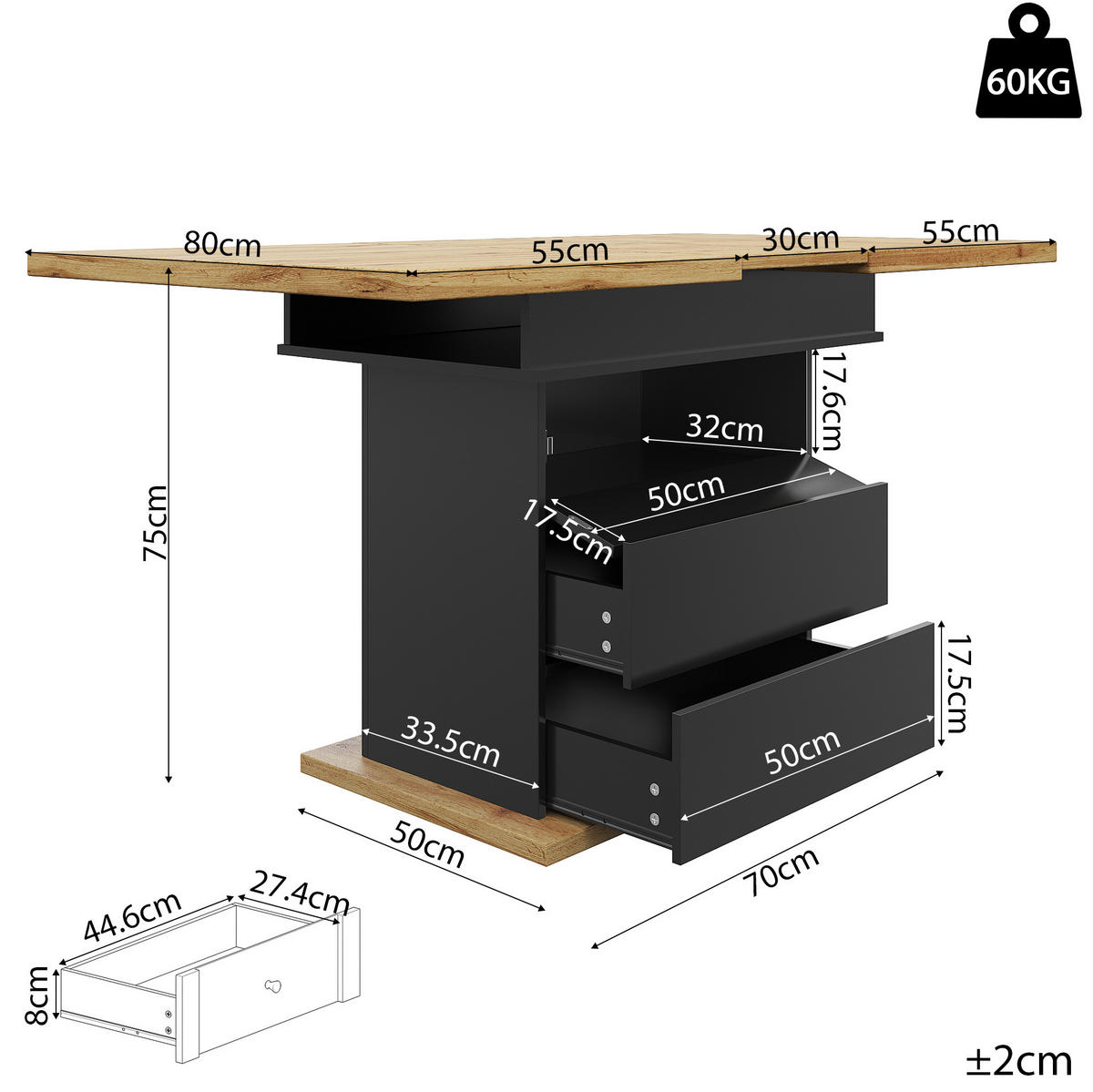 JEDÁLENSKÝ stôl 110-140/80/75 cm, MDF/kov, čierna/prírodná, rozkladací s úložným priestorom - čierna, kompozitné drevo (110/80/75cm) - BEAOK