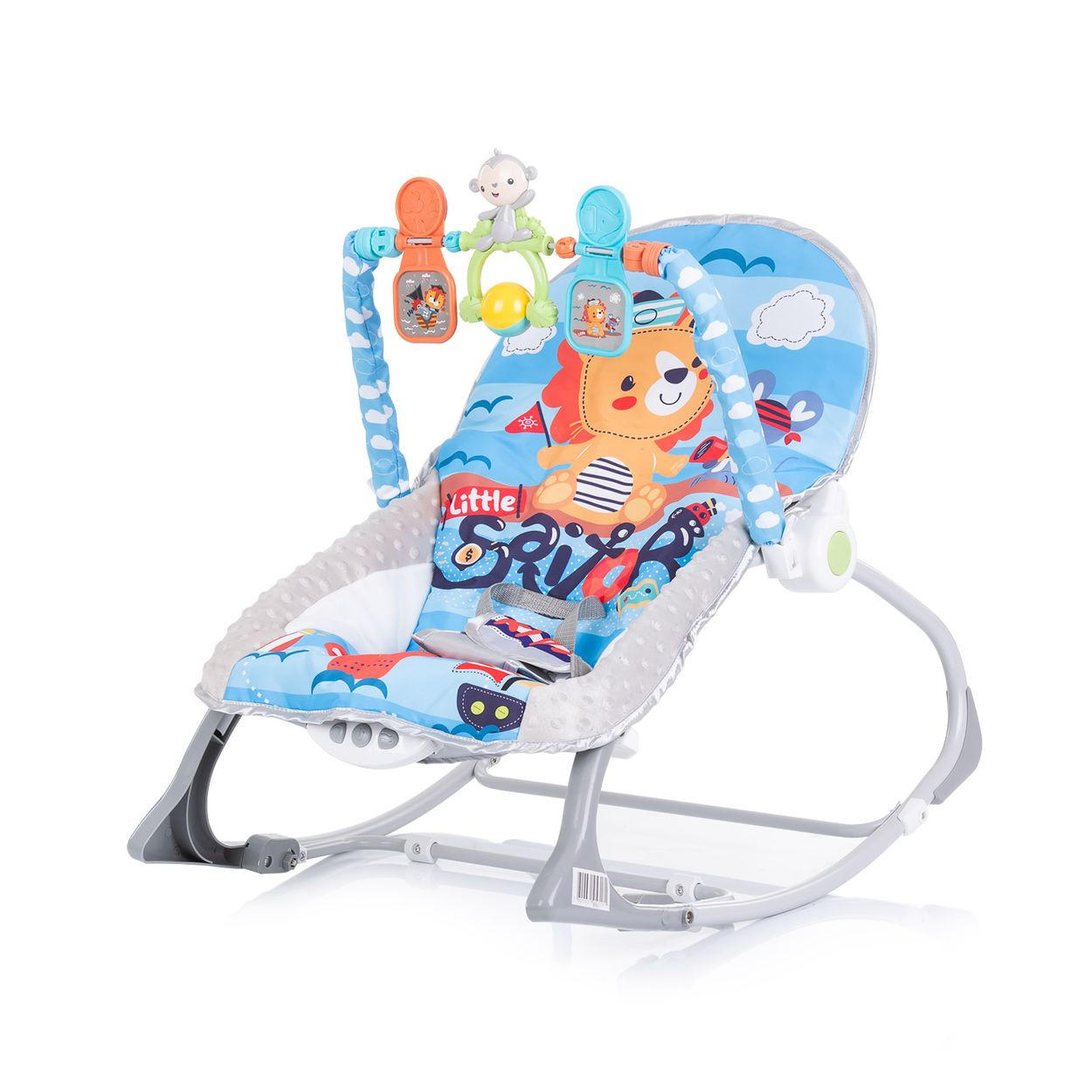 BABYWIPPE Baby Spa 2 in 1 blau Musikfunktion, Vibration, Spielbogen, 3-Punkt-Gurt, Kinderstuhl - Blau, Metall - Chipolino
