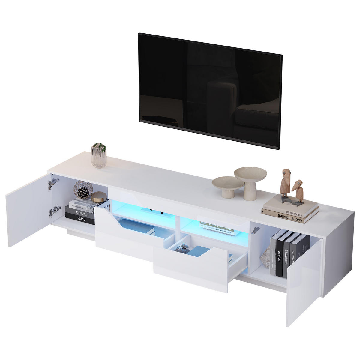 TV-ELEMENT180X40X45CM Weiß-Hochglanz LED-Beleuchtung für 75-Zoll-Fernseher - Weiß, Holz (48.79/26.19/65cm) - Raelunyi