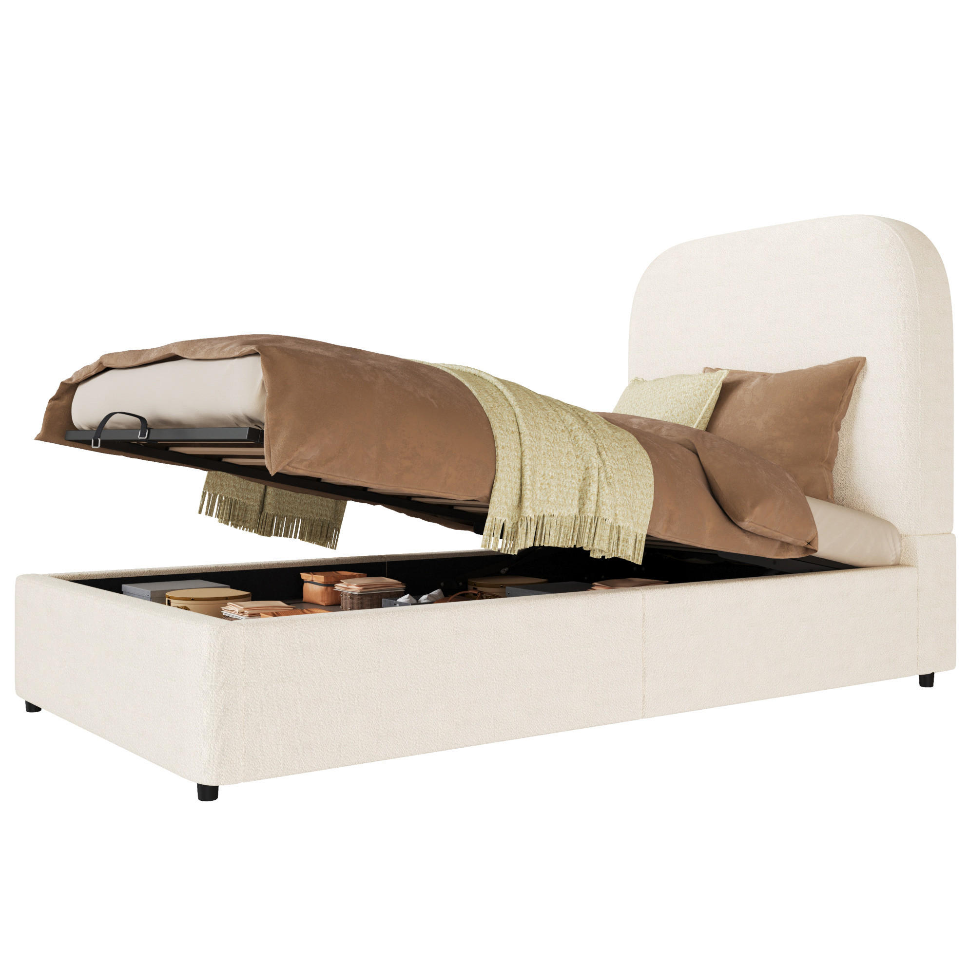 POLSTERBETT 90/200 cm Beige aus Bouclé mit Stauraum und Lattenrost - Beige, Holzwerkstoff (90/200cm) - OKWISH