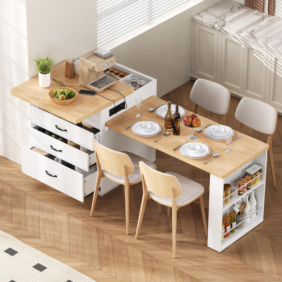 KÜCHENINSEL 125.5-187.5x71x93 cm Weiß mit LED-Beleuchtung & Ladestation - Weiß, Holzwerkstoff (187.5/93/71cm) - Modfu