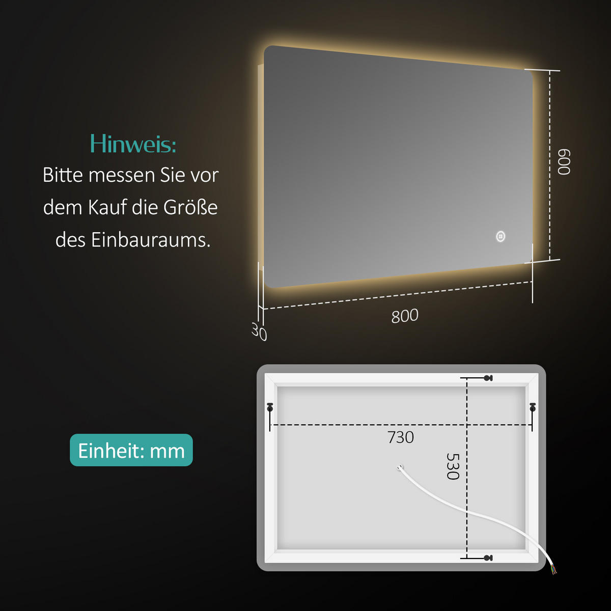 BADSPIEGEL mit Touch-Schalter Beleuchtung Rechteckig 80/60 cm - Weiß, Glas (60/3/80cm) - EMKE
