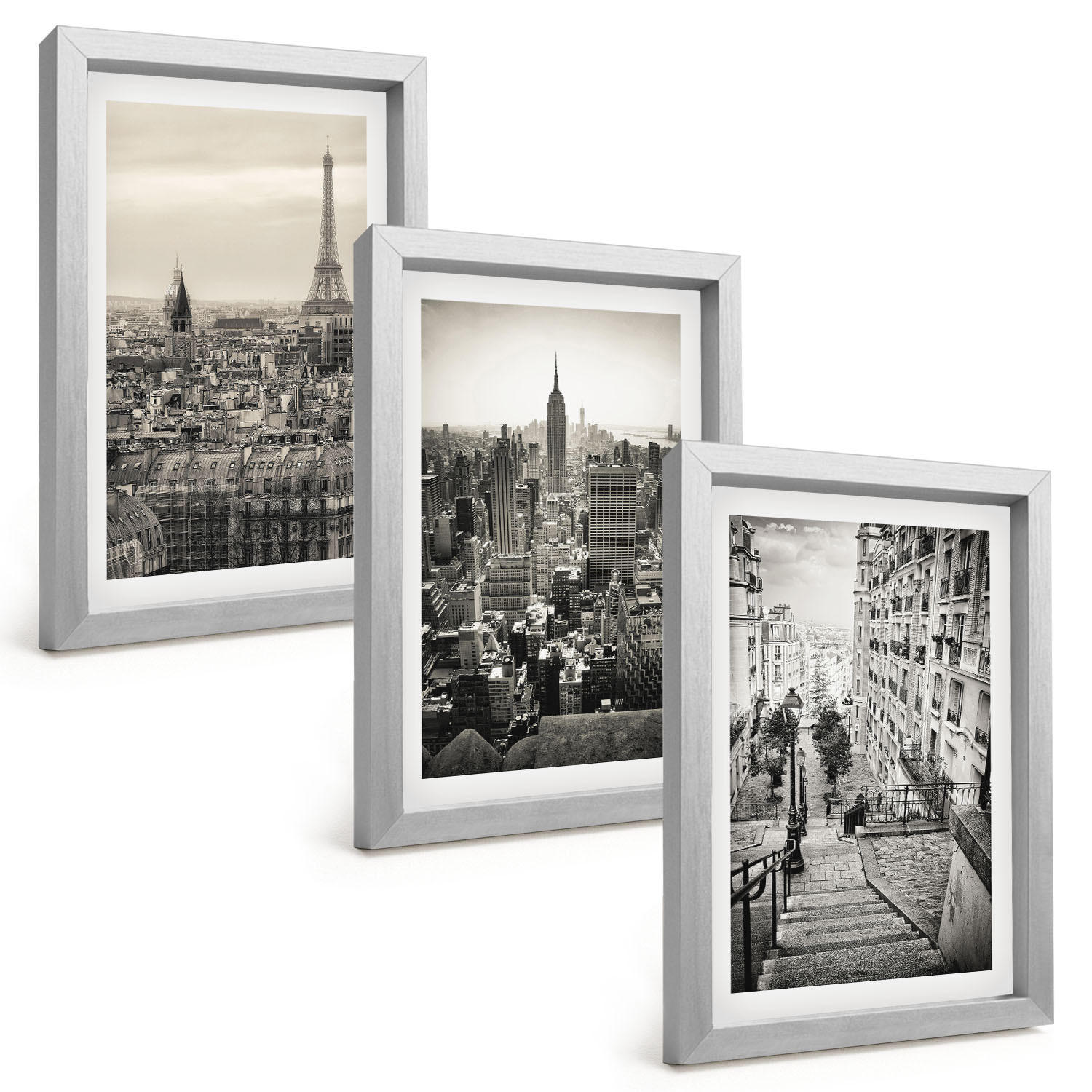 BILDER SET 3er Set - 20x30 cm Silberner Rahmen - Aussicht Paris New York Treppen - Silberfarben, Kunststoff (20/30cm) - TULUP