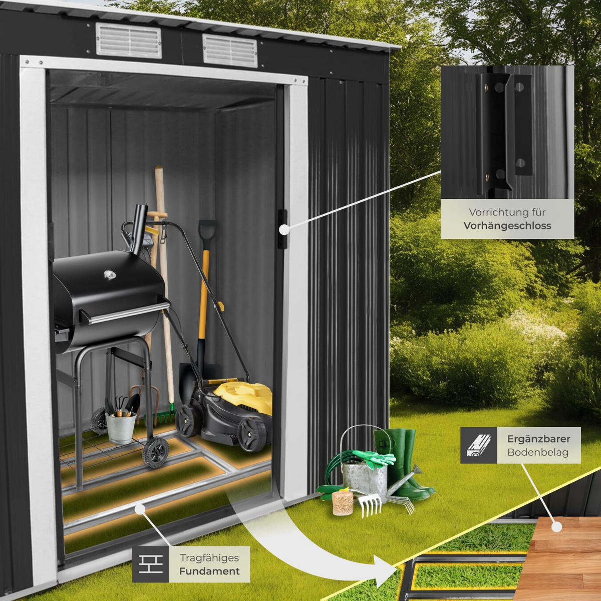 GARTENHAUS mit Pultdach, 213 x 130 x 173 cm, grau/weiß - Weiß/Grau, Metall (130/173/213cm) - tectake