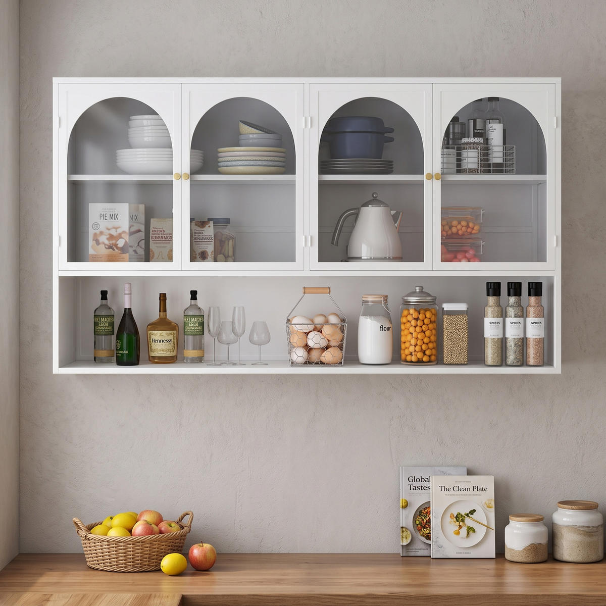 NÁSTĚNNÁ SKŘÍŇKA 120 cm, kov, 4 dvířka, šedé sklo - bílá, kov (120/70/23cm) - Urban Meuble