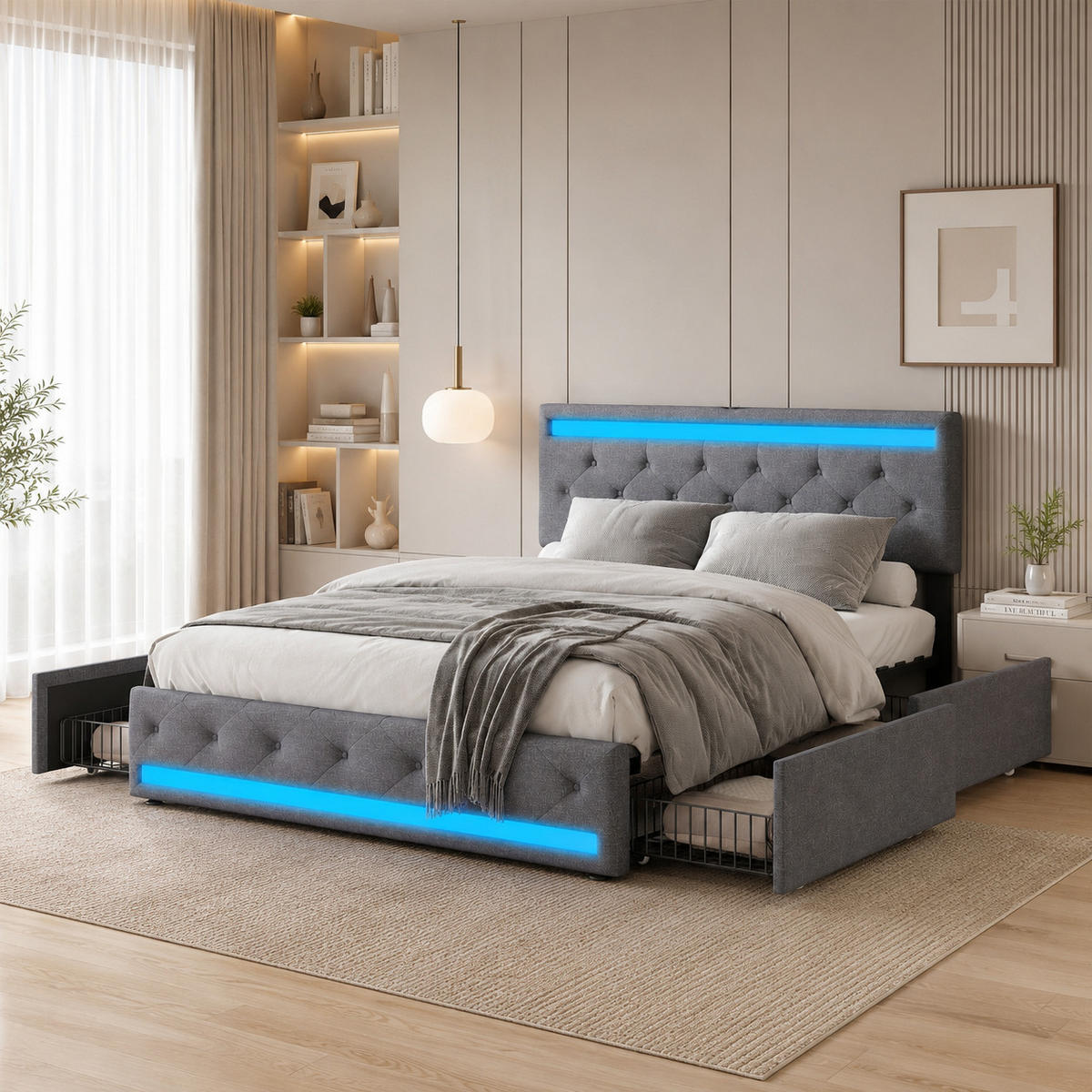 POLSTERBETT 180/200 cm in Grau mit LED-Kopf- und Fußteil, gemütlich und stilvoll - Dunkelgrau, Holz/Metall (180/200cm) - Joyfair