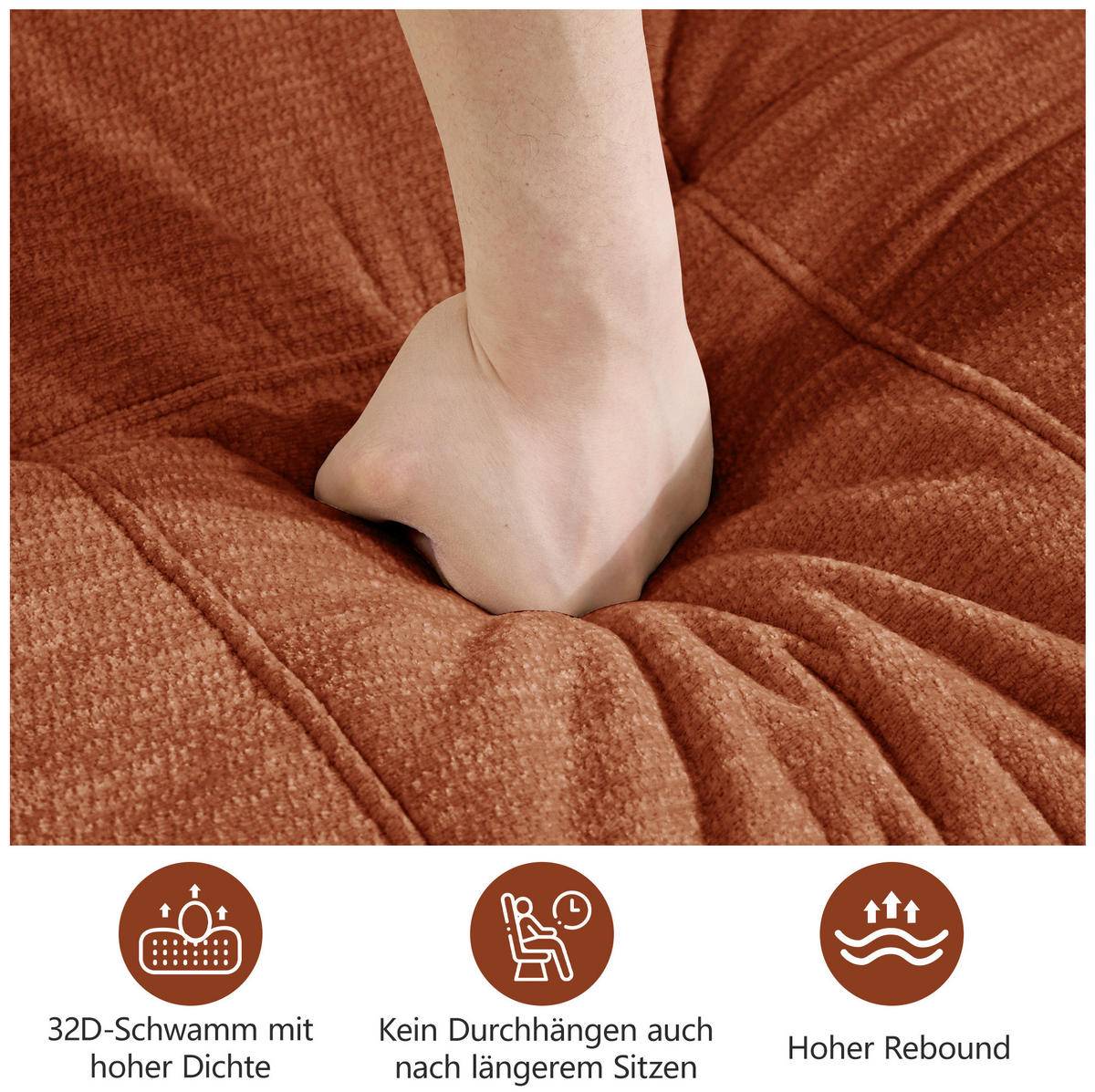 SOFA 264/97/68 cm in Orange, modular mit Chenille-Bezug und Karosteppung - Orange, Textil (97/68/264cm) - Flora Grace