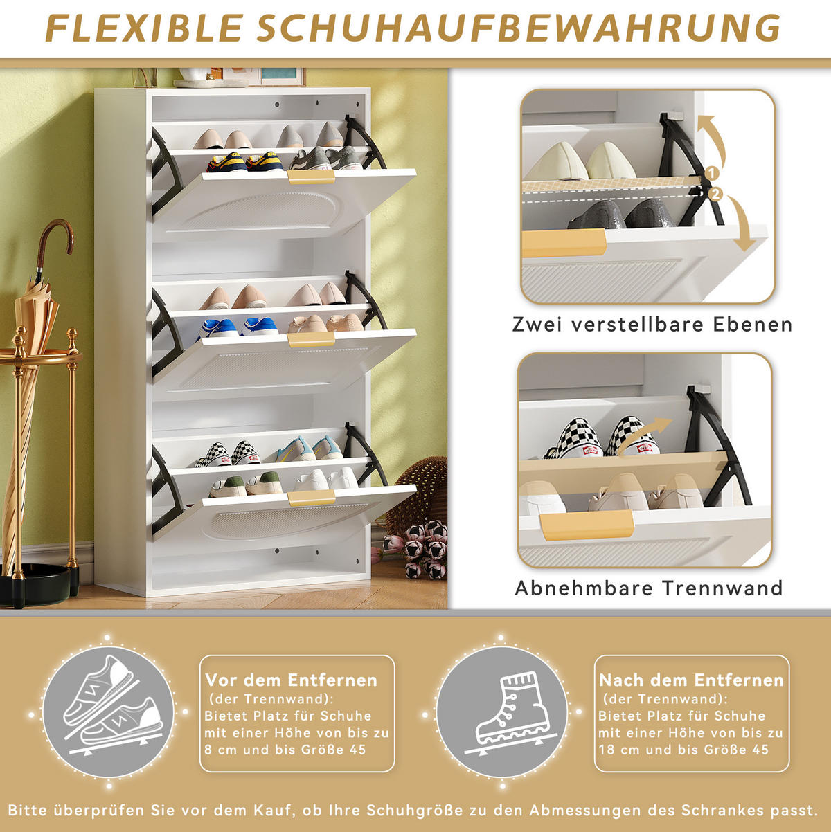 SCHUHSCHRANK 24/60/114 cm mit 3 Klappen, verstellbaren Einlegeböden und Kippsicherung, MDF/Holzwerkstoff, Weiß - Weiß, Holzwerkstoff (60/114/24cm) - Redom