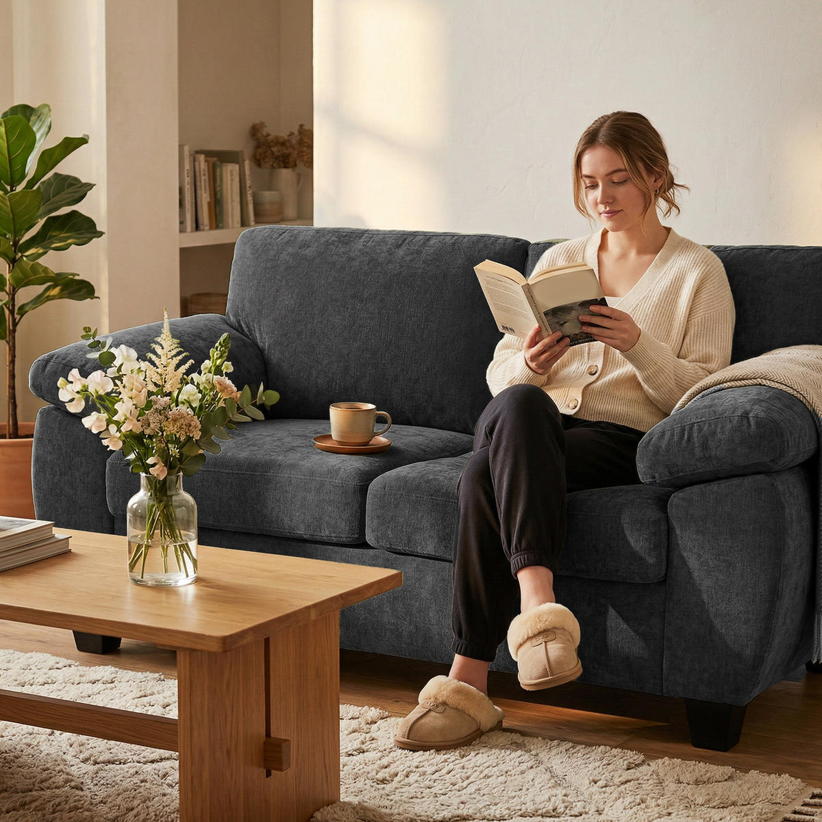 2-SITZER-SOFA DE-06598 156 cm dicke Federkernpolster, breite Armlehnen Dunkelgrau - Dunkelgrau, Holz/Textil (156/81/77cm) - ComfortXL