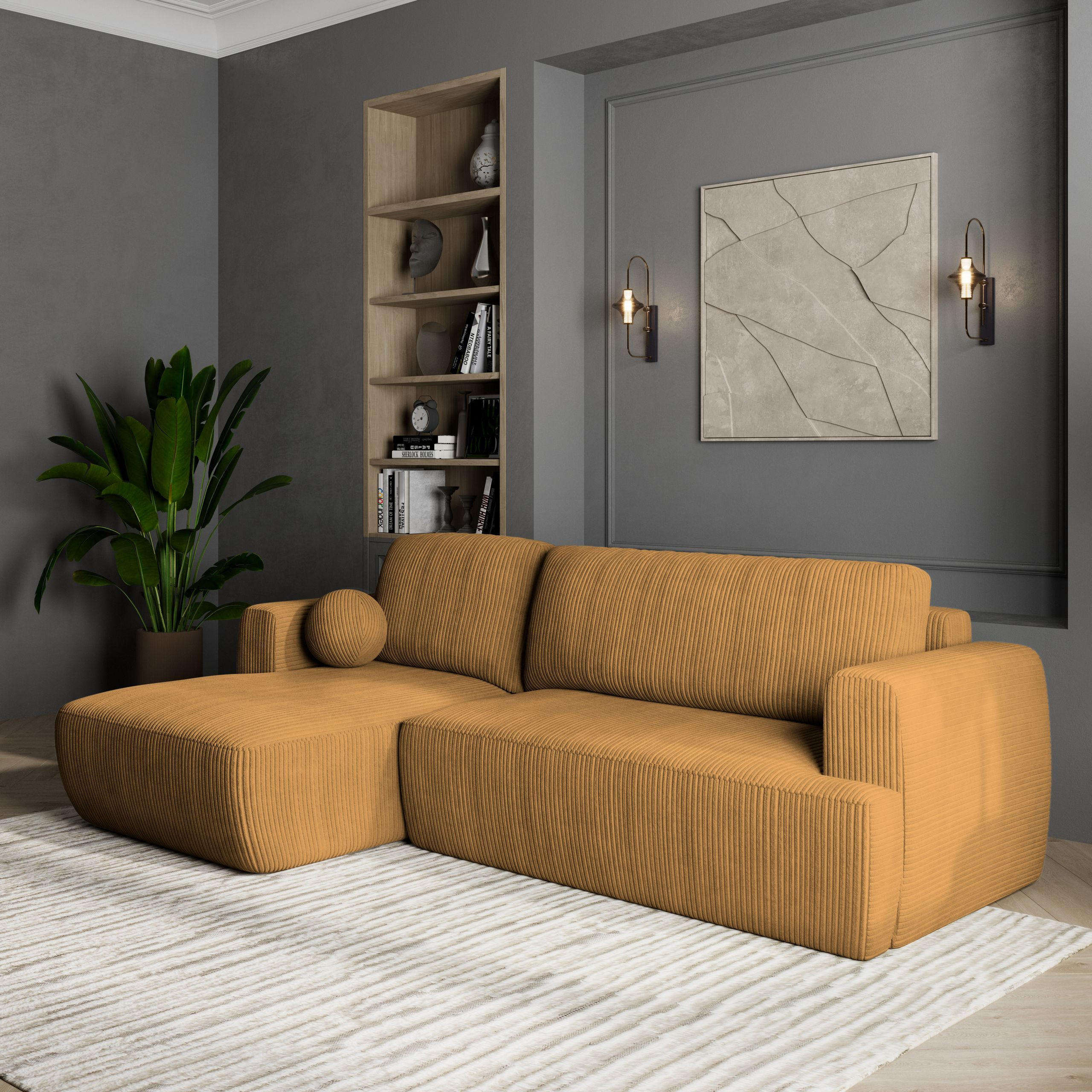 ECKSOFA SENTI P L-S Gelb Kordstoff mit Schlaffunktion - Gelb, Holz (246/148cm) - MASSENO