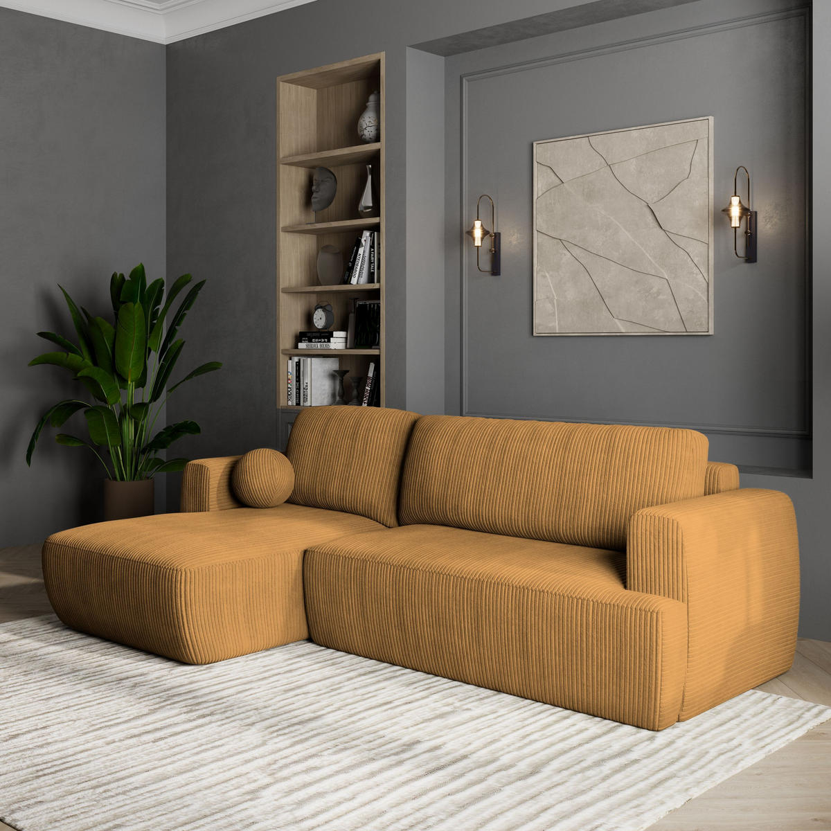 ECKSOFA SENTI P L-S Gelb Kordstoff mit Schlaffunktion - Gelb, Holz (246/148cm) - MASSENO