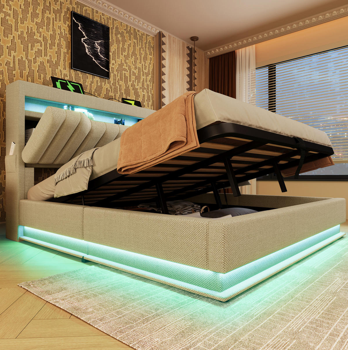 POLSTERBETT mit LED und Stauraum 140x190 cm Beige Leinen - Beige, Metall (140/190cm) - Meubliv