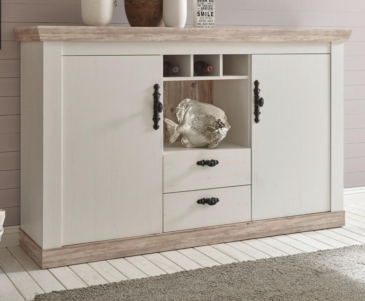 SIDEBOARD Pinie weiß, Oslo Pinie Landhaus, Kommode, 168 x 104 cm - Anthrazit/Weiß, Holzwerkstoff/Metall (168/104/44cm) - Furn.Design