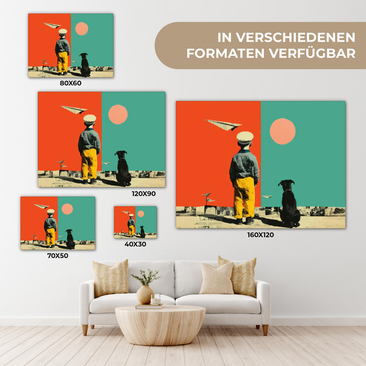 LEINWANDBILD Retro - Junge - Hund - Rot - Grün Wandbild 40x30 cm - Orange, Textil (40/30cm) - MuchoWow