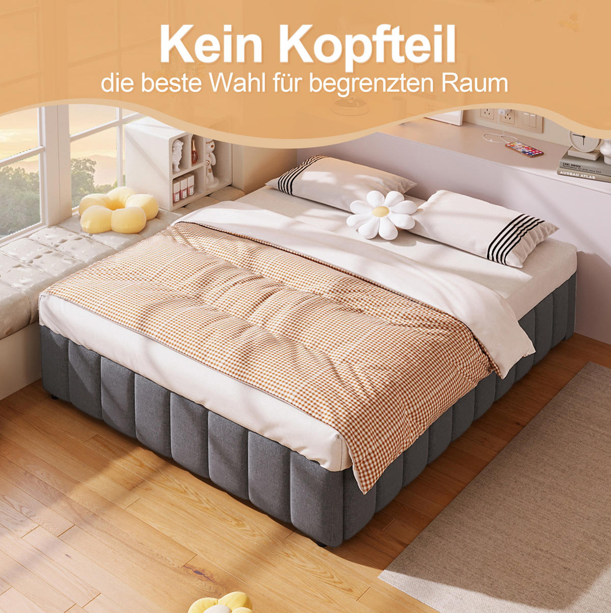 POLSTERBETT 140/200 cm grau hydraulische Lagerung ohne Kopfteil - Grau, Textil (140/200cm) - OKWISH