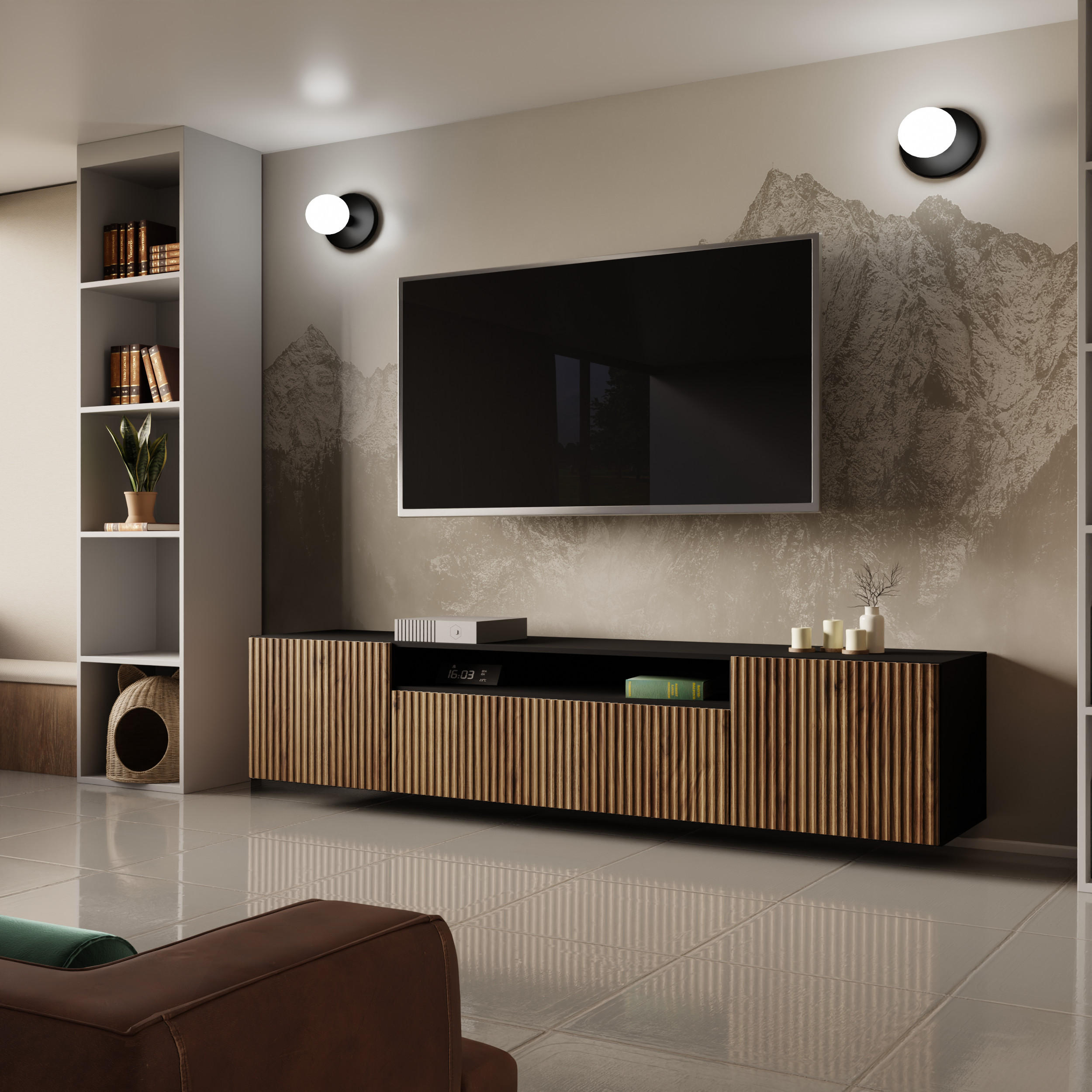 TV-SCHRANK NOE - Wildeiche/Schwarz, Holzwerkstoff (200/40/41cm) - Meblini