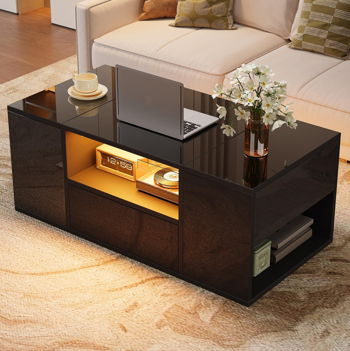 COUCHTISCH 100/50/40 cm in Schwarz mit LED-Beleuchtung und Stauraum - Schwarz, Holzwerkstoff (100/50/40cm) - Flora Grace