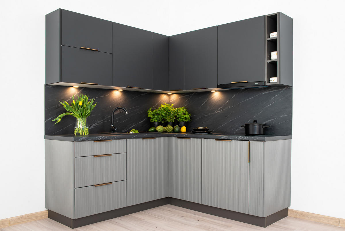 ECKKÜCHE 190 x 180 cm - MAX & KATE KS6-G350 - in Grau/Anthrazit - Anthrazit/Goldfarben, Holz/Holzwerkstoff (190/213.3/180cm) - Royal24_Markt