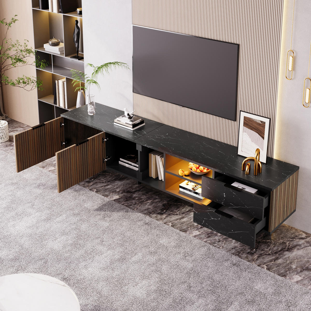 TV-SCHRANK mit schwarzer Marmoroptik, Holzmasertüren und LED 200/38/50 cm - Schwarz, Holzwerkstoff (200/38/50cm) - Redom