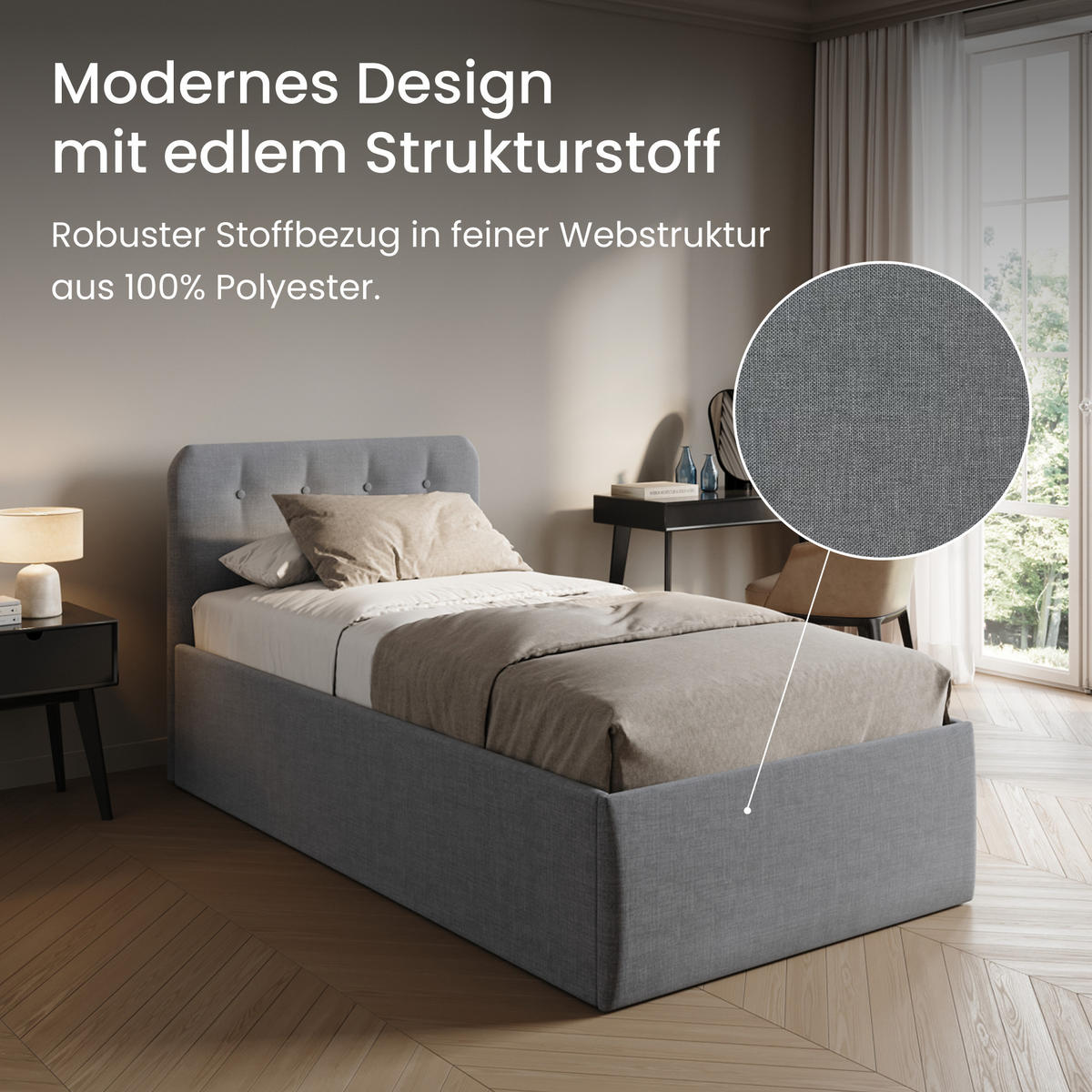 POLSTERBETT mit verstellbarem Lattenrost & Bettkasten, 100 x 200 cm in Grau - Grau, Holzwerkstoff (100/200cm) - Home Collective