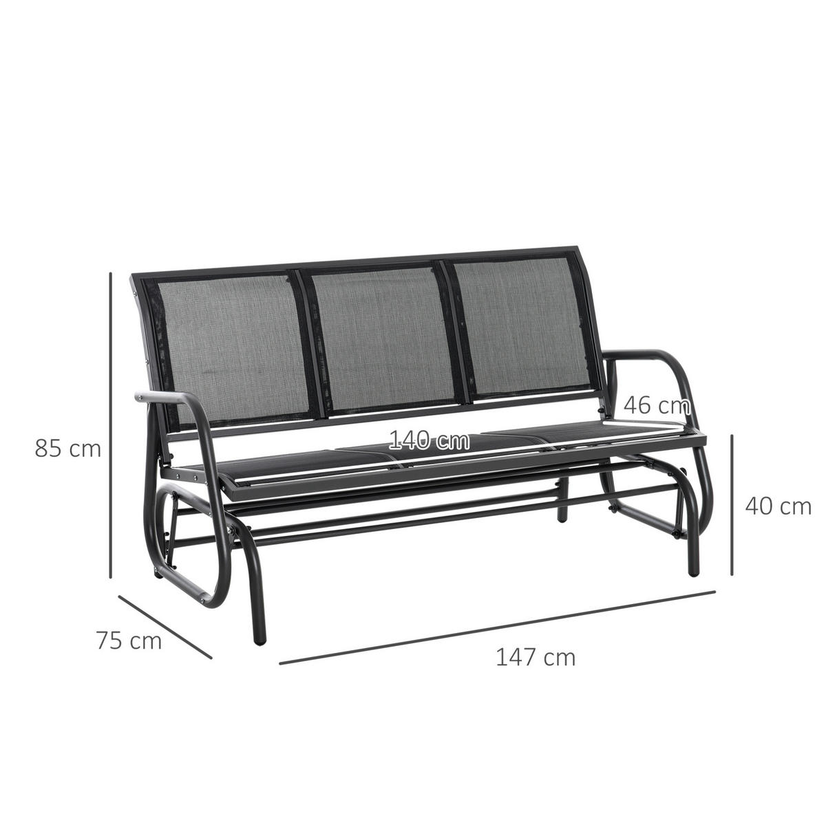ZÁHRADNÁ hojdacia lavica 147/75/85 cm čierna z kovu pre 3 osoby s hojdacou funkciou - čierna, kov (75/85/147cm) - OKWISH