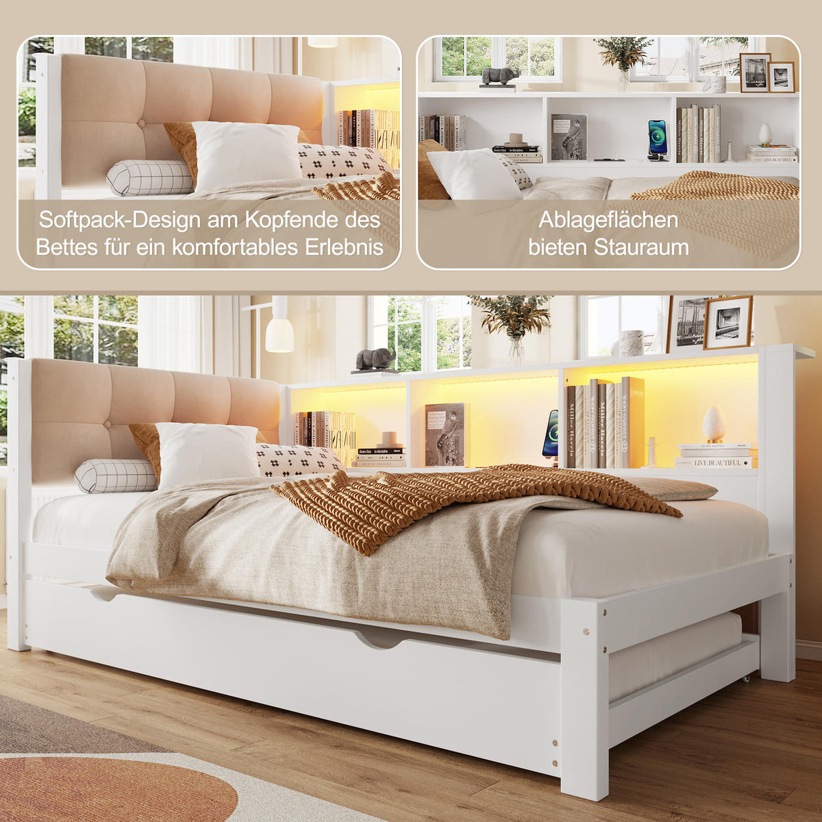 TAGESBETT 90/200 cm Weiß mit ausziehbarem Bett und LED-Beleuchtung aus Kiefernholz - Weiß, Holz (90/200cm) - OKWISH