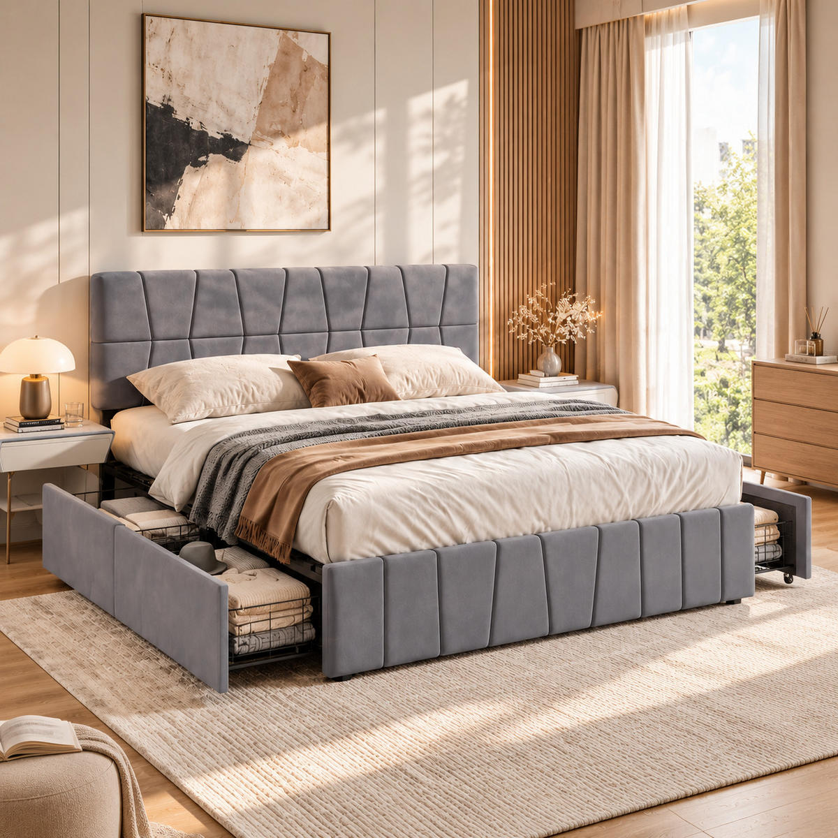 POLSTERBETT,DOPPELBETT 160/200 cm,Bettgestell Grau mit 4 Schubladen,ohne Matratze - Naturfarben/Grau, Holz/Textil (160/200cm) - PARAFTA HOME