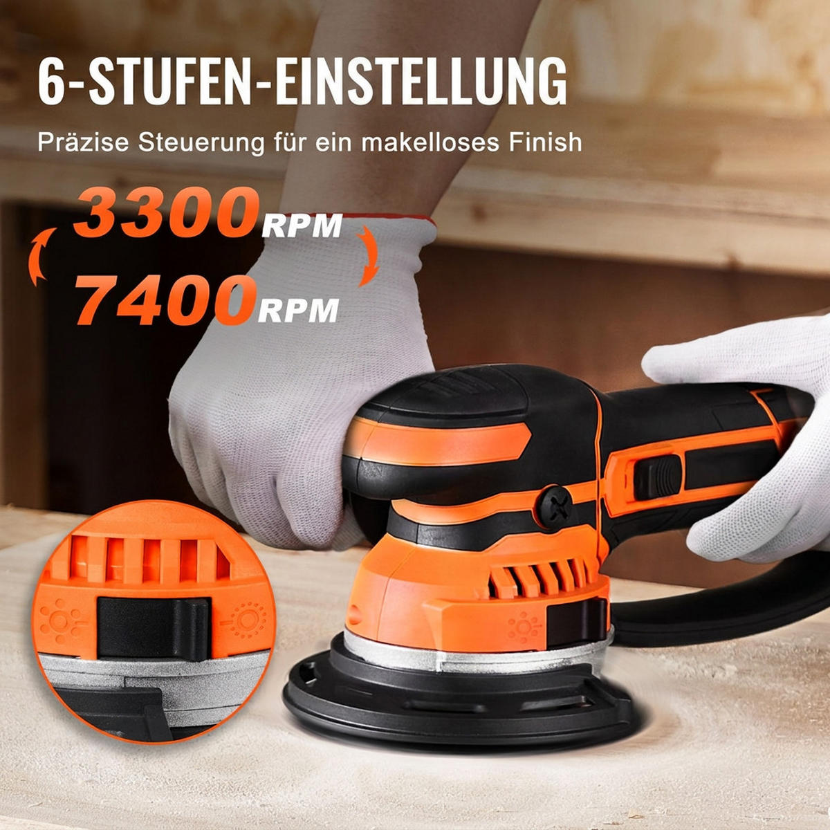 SCHLEIFMASCHINEN UND ZUBEHÖR 11-tlg 150mm Exzenterschleifer 850W 6-Stufen mit Staubabsaugung - Orange, Metall (20/30/10cm) - Raelunyi