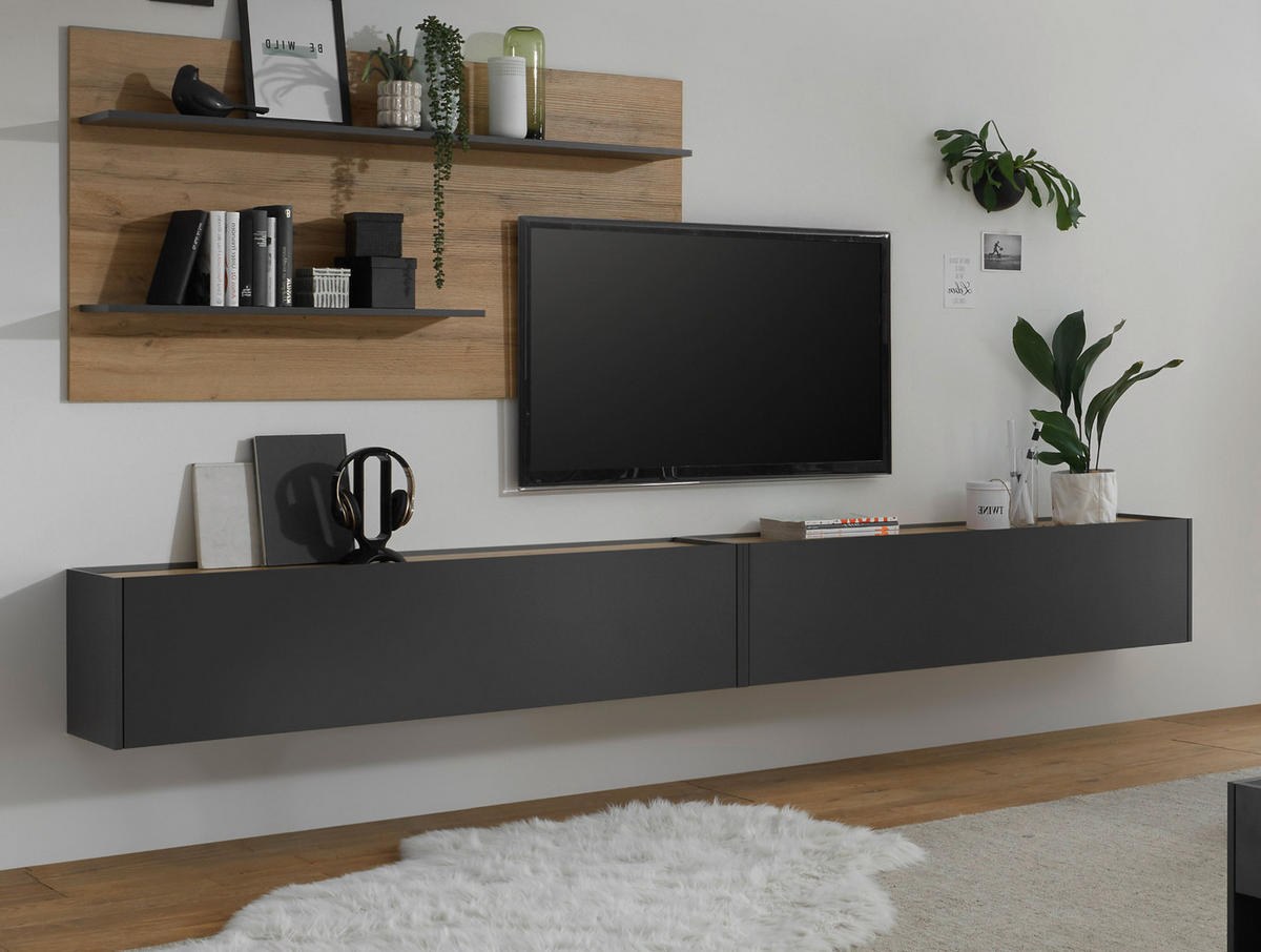 WOHNWAND grau matt, Eiche Wotan 3-teilig 300 cm, Schrankwand hängend - Eiche Wotan/Grau, Holzwerkstoff/Metall (300/180/30cm) - Furn.Design