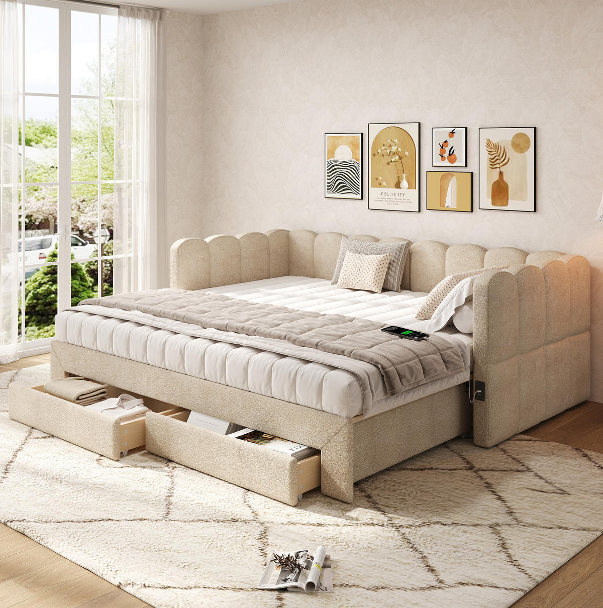 TAGESBETT 90/190 cm mit Ausziehfunktion auf 180/190 cm, 2 Schubladen, USB- und Typ-C-Anschluss, Chenille, Beige - Beige, Textil (90/190cm) - Redom