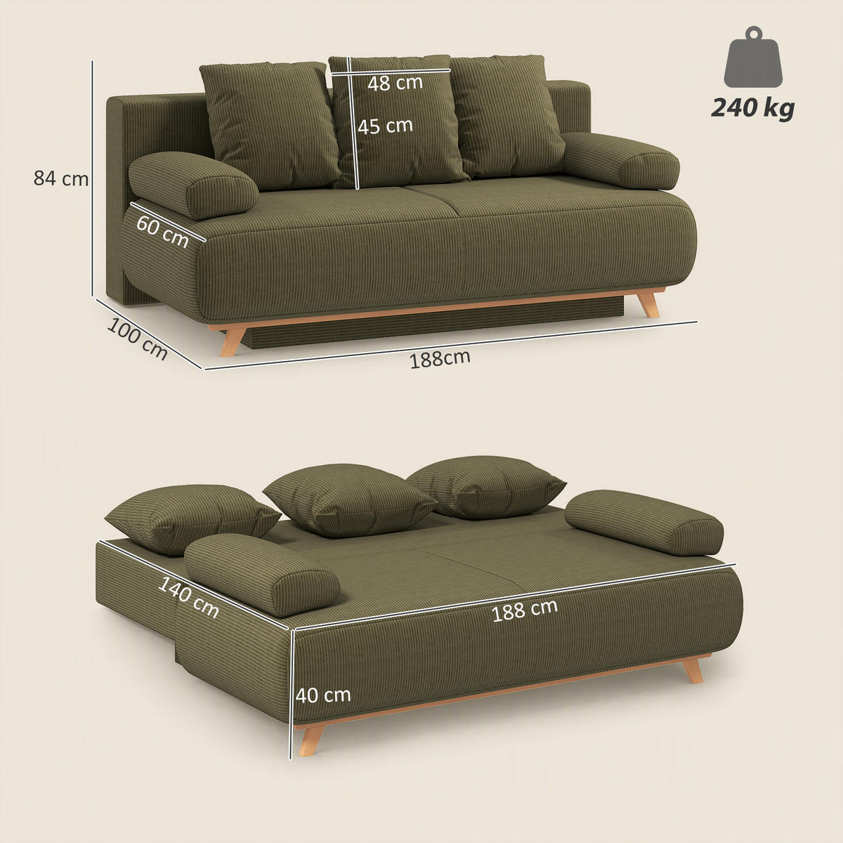 BÄDDSOFFA i mörkgrön manchester - Mörkgrön, Textil/Plast (100/84/188cm) - HOMCOM
