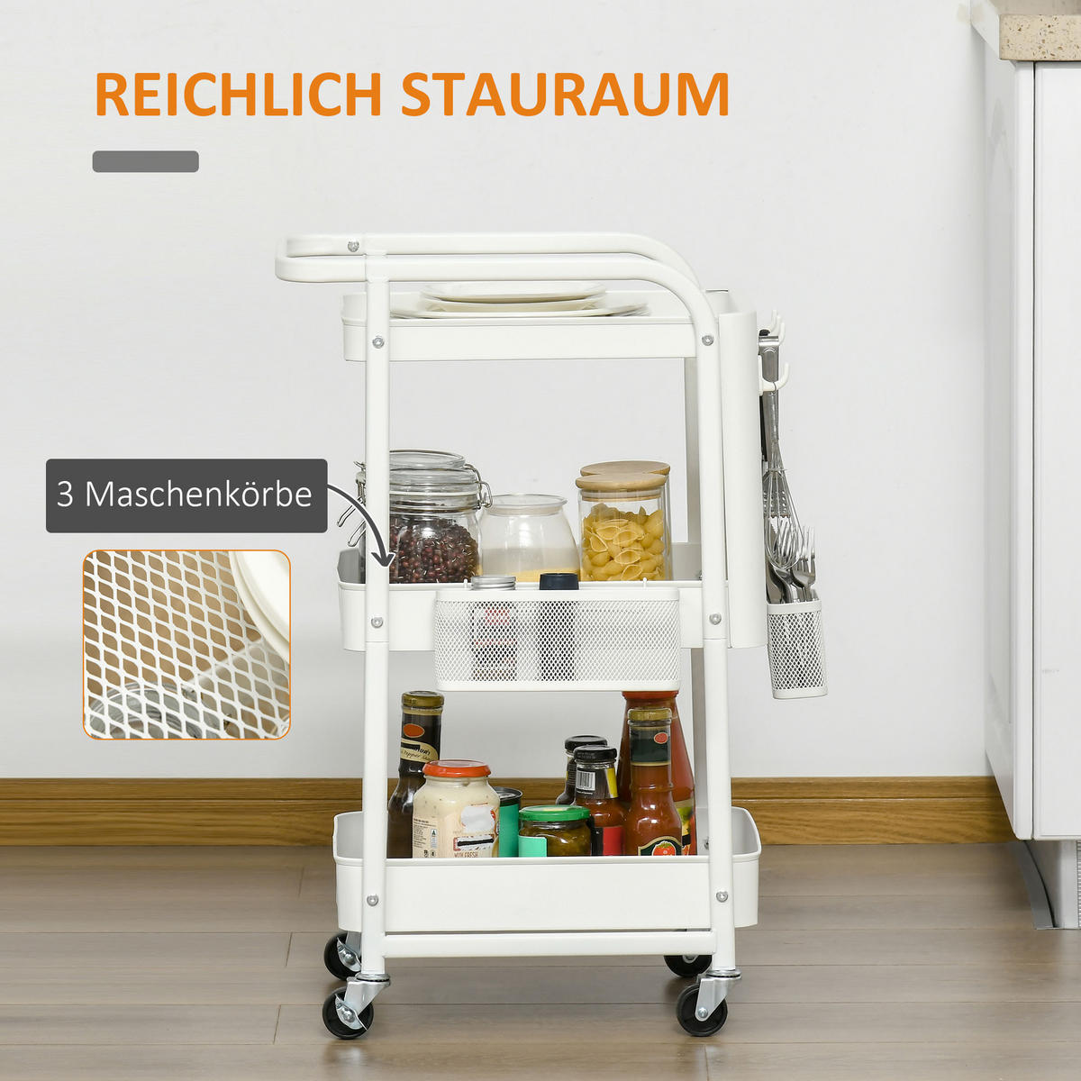 ROLLWAGEN, Servierwagen, Stahl, Weiß - Weiß, Metall (32/75.6/51.5cm) - HOMCOM
