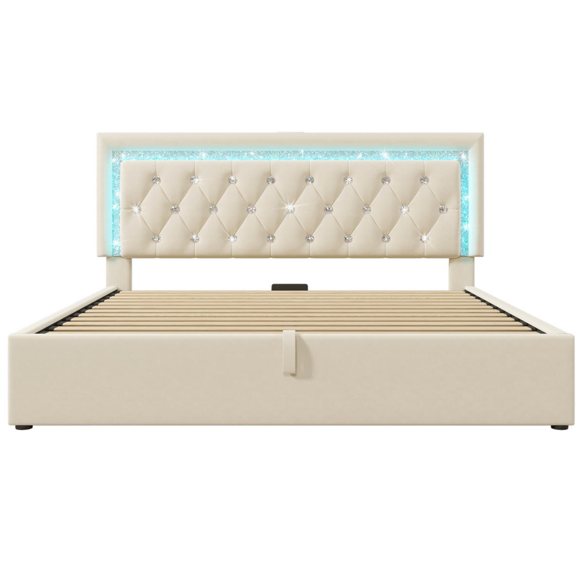POLSTERBETT 160/200 cm Beige aus Samt mit Stauraum und LED-Beleuchtung mit Matratze - Beige, Textil (160/200cm) - OKWISH