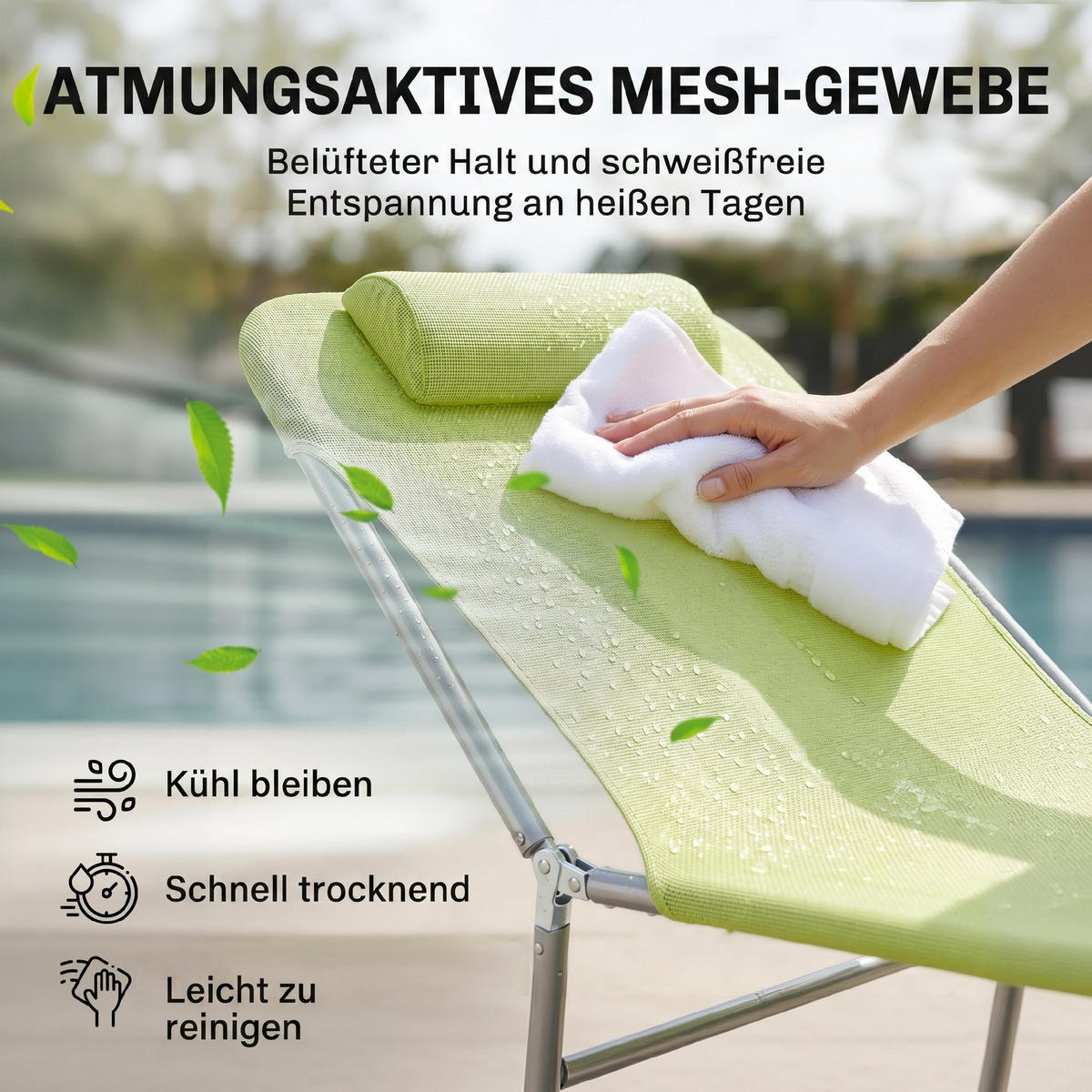 SONNENLIEGE klappbar verstellbar Gartenliege mit Kopfkissen Campingliege 120kg Grün - Grün, Metall (182/28/56cm)