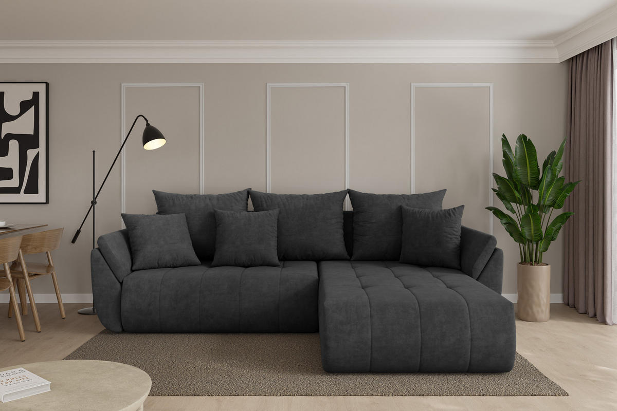 ROHOVÁ SEDAČKA s funkcí spaní, otoman vpravo TOKO-L 277x194x86 tmavě šedá velur - černá/antracitová, kompozitní dřevo/textil (277/194cm) - ALTDECOR
