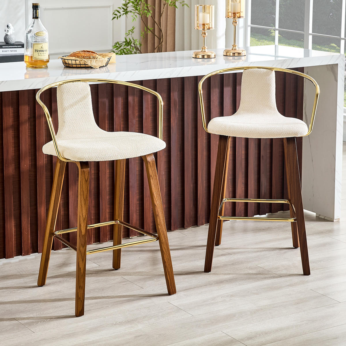 BARHOCKER Weiß 2er-Set mit Armlehne Teddystoff und Holzbeinen - Weiß, Holz (54.7/88/44cm) - PANGIVO