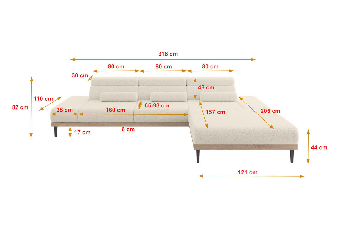 ELEKTRISCHES ECKSOFA Rechts MONA 316x205x85 Beige Bouclé - Greige/Beige, Holzwerkstoff/Textil (316/205cm) - ALTDECOR