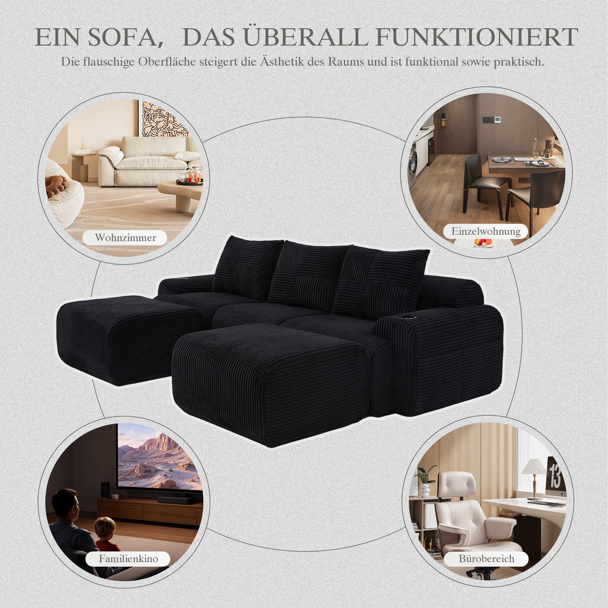 3-SITZER Wohnlandschaft Cord mit Getränkehalter und Aufbewahrungstasche 268/174/80 cm Schwarz - Schwarz, Textil (174/80/268cm) - Redom