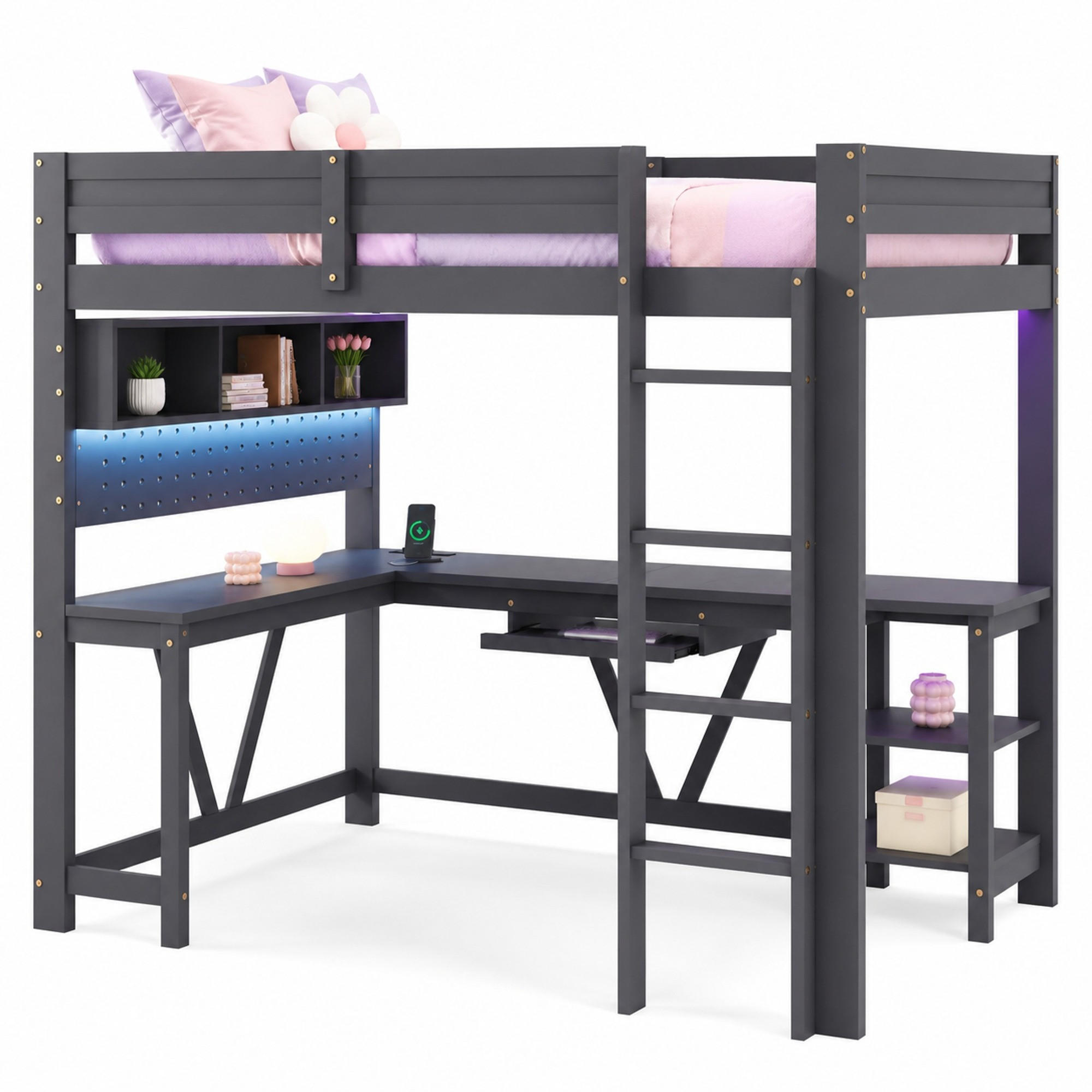 HOCHBETT 90/200 mit Schreibtisch, LED und Ladestation in Grau - Grau, Holzwerkstoff (90/200cm) - EVRYAE