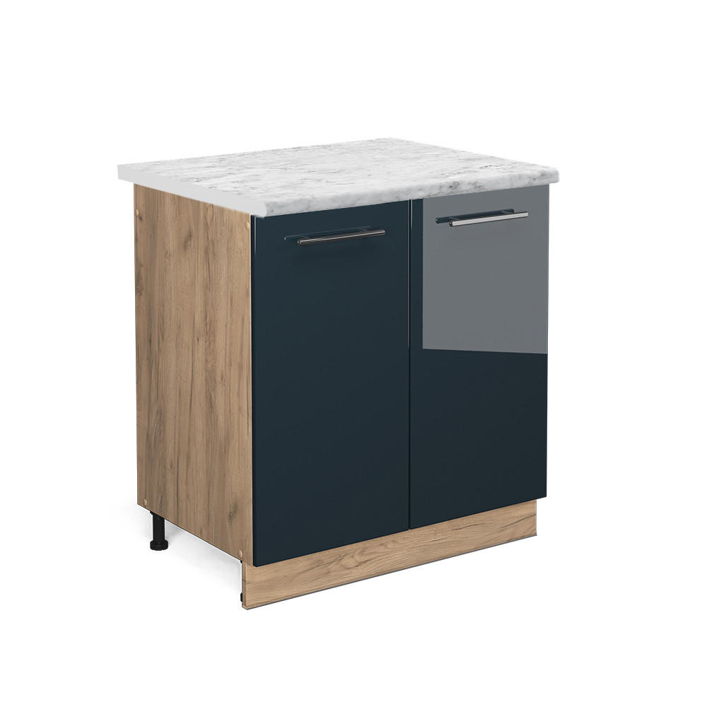 SPÜLENUNTERSCHRANK Fame-Line Dunkelblau Hochglanz 80 cm, AP Marmor - Eiche Wotan/Dunkelblau, Holzwerkstoff (80/82/60cm) - Vicco