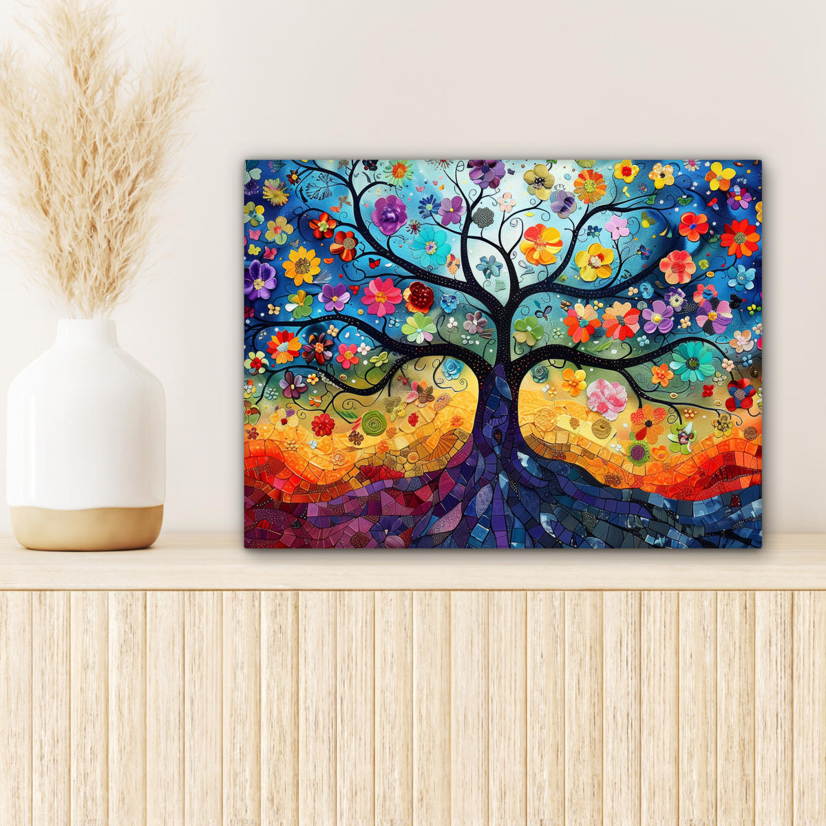 LEINWANDBILD Kunst - Baum des Lebens - Blumen - Hippie Wandbild 40x30 cm - Dunkelblau, Textil (40/30cm) - MuchoWow