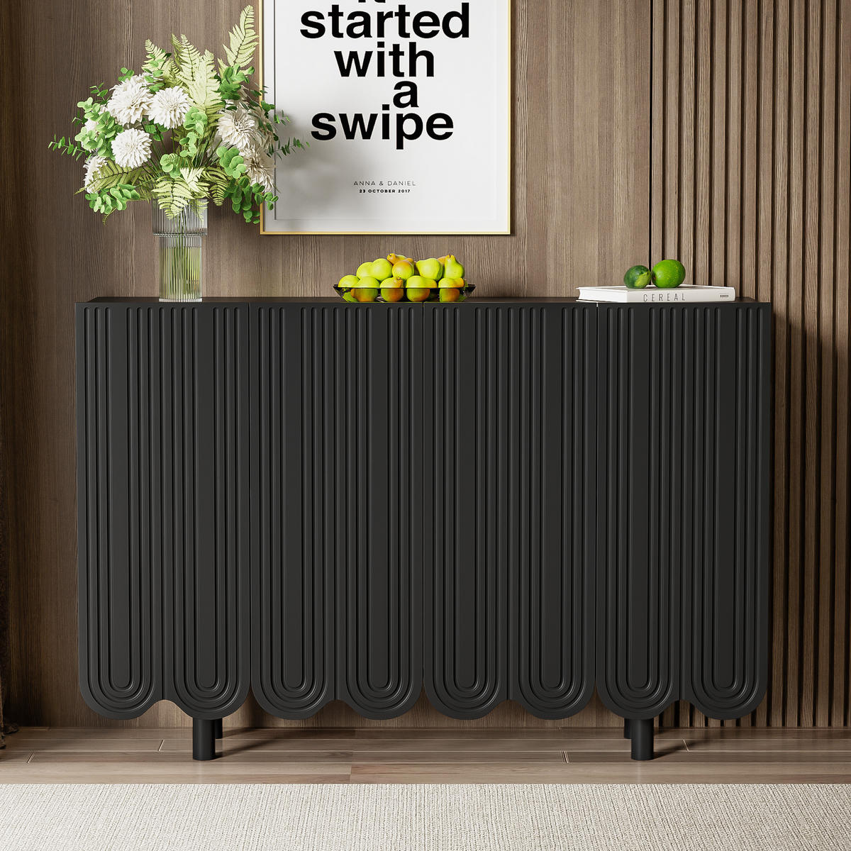 SIDEBOARD 120/37,5/80,8 cm in Schwarz mit 4 Türen und tropfenförmiger Front - Schwarz, Holzwerkstoff (120/37.5/80.8cm) - BEAOK