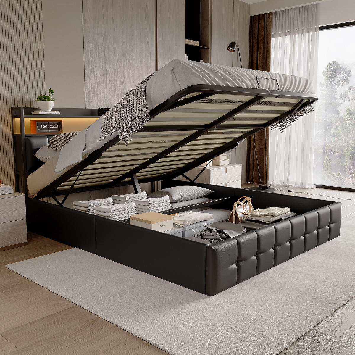 POLSTERBETT 160x200 cm, Schwarz, LED-Beleuchtung, Kunstleder - Schwarz, Textil/Metall (140/200cm)