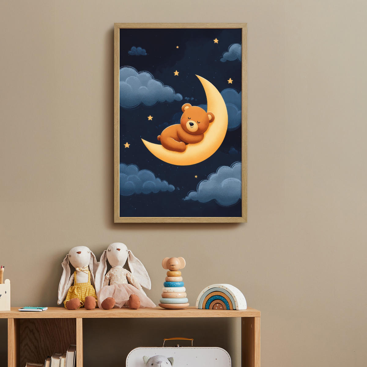 DOBÍJECÍ NOČNÍ LAMPIČKA Medvídek - Měsíc - Mraky - Hvězdy 40x60 cm - tmavě modrá, kompozitní dřevo (8/40/60cm) - OnlyWow