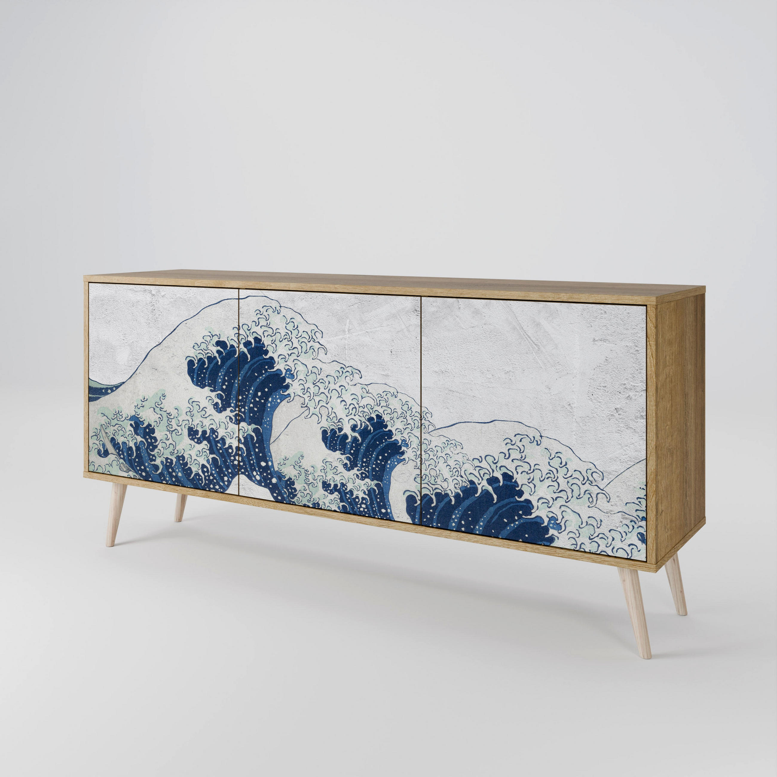 SIDEBOARD THE GREAT WAVE AT KANAGAWA, Eicheneffekt, 164,5x42x77,5 cm, 3 Türen - Eichefarben/Buchefarben, Holzwerkstoff/Buchenholz (164.5/77.5/42cm) - SpaceRebels
